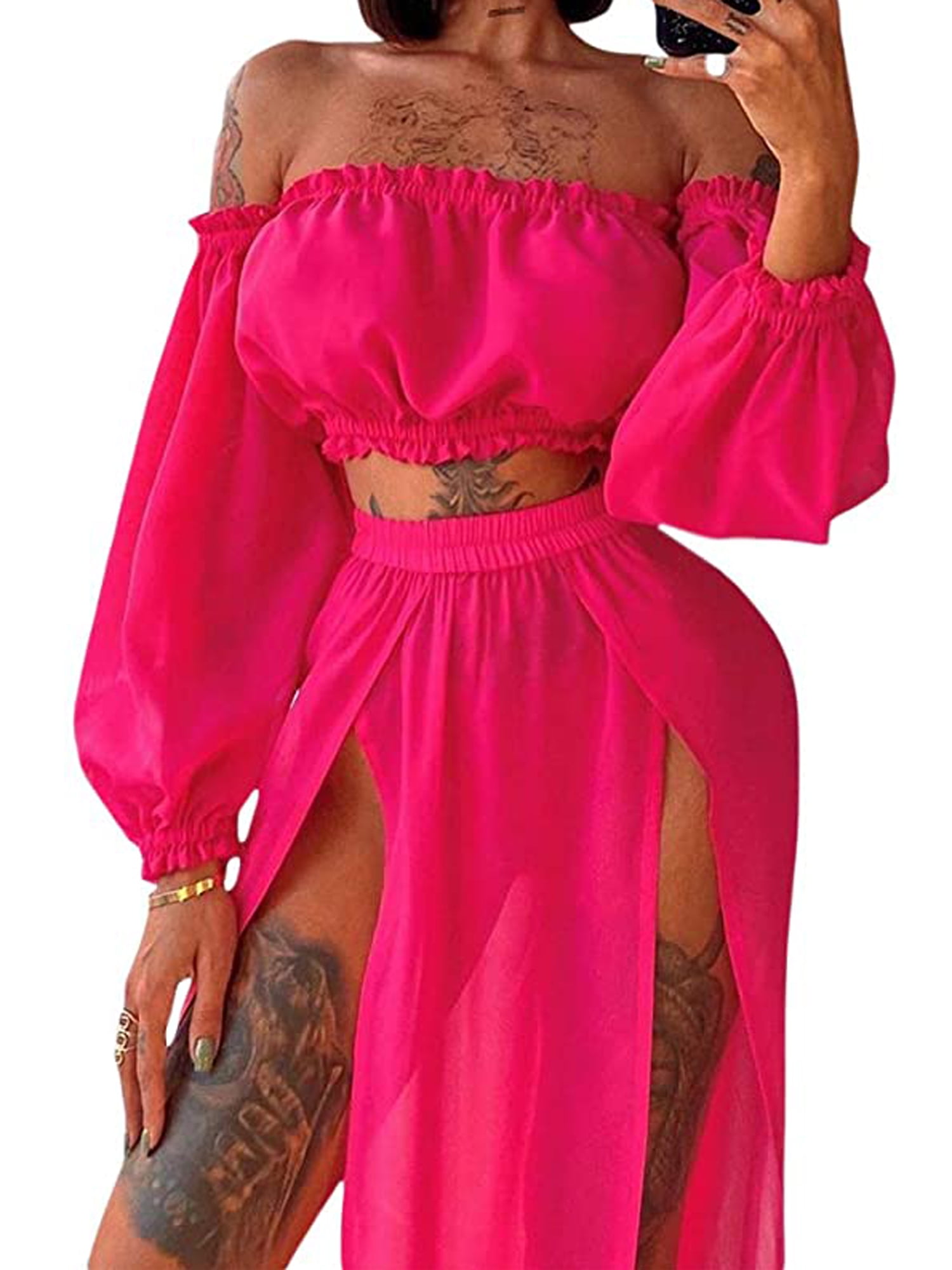 Dewadbow Women Chiffon Crop Tops Split 