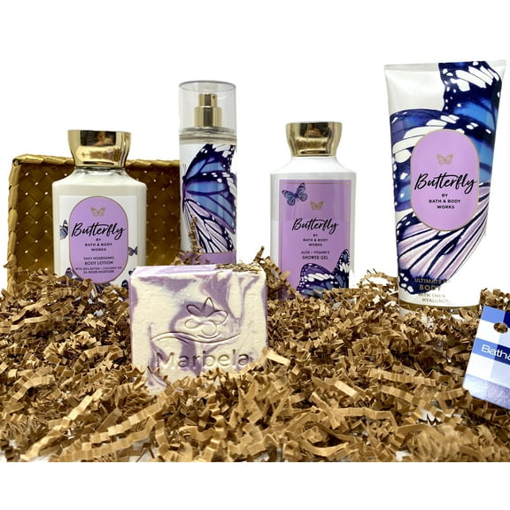 Bath & Body Works Butterfly - Gold Woven Basket 4 Piece Gift Set - Fine Fragrance Mist, Body Cream, Shower Gel and Body Lotion With a Lavender Dream Bar Soap.