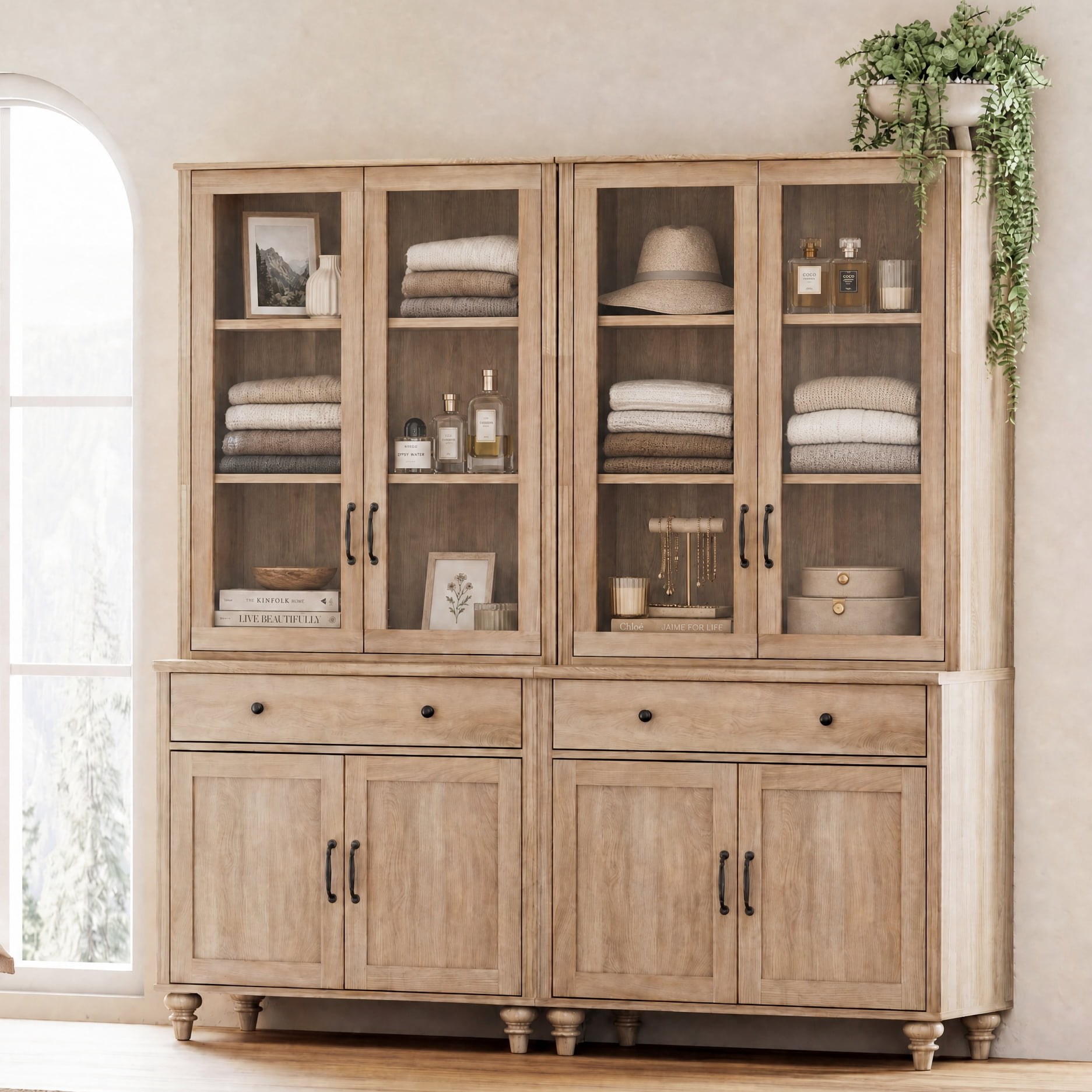 Sideboard Buffet Cabinet with Storage, 5-Tier Bookcase with Glass Doors, Farmhouse Bookshelf with Ample Storage Cabinet, Large Bookshelves for Living Room, Office, Kitchen, Oak, 72" H