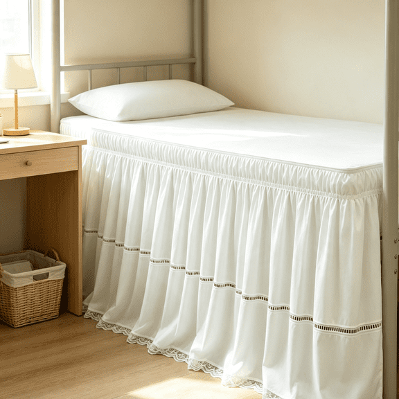 Around Ruffled Lace Bed Skirt, Elastic Dust Ruffle with Adjustable Belts, Easy to Put On, Bed Frame Cover, Machine Washable (White, Dorm Bed Skirt XL-25" Drop)
