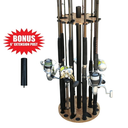 Rush Creek Creations 24 Round Fishing Rod/Pole Storage Floor Rack American Cherry Finish - Features Free 6 Extension Post - No Tool Assembly