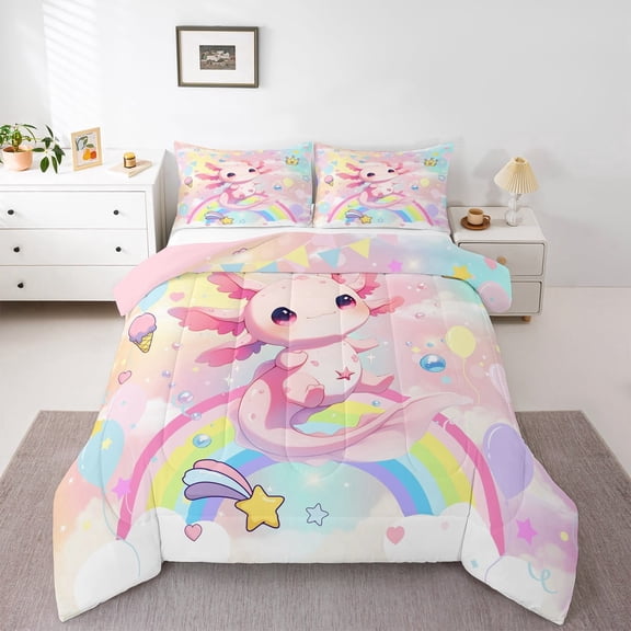 Erosebridal Cartoon Animal Axolotl Comforter Sets Twin Size,Rainbow Stars Print Comforters & Duvets,Dreamy Colorful Bedding Twin Comforter Set,Super Cozy Room Decorative Reversible,2-Piece