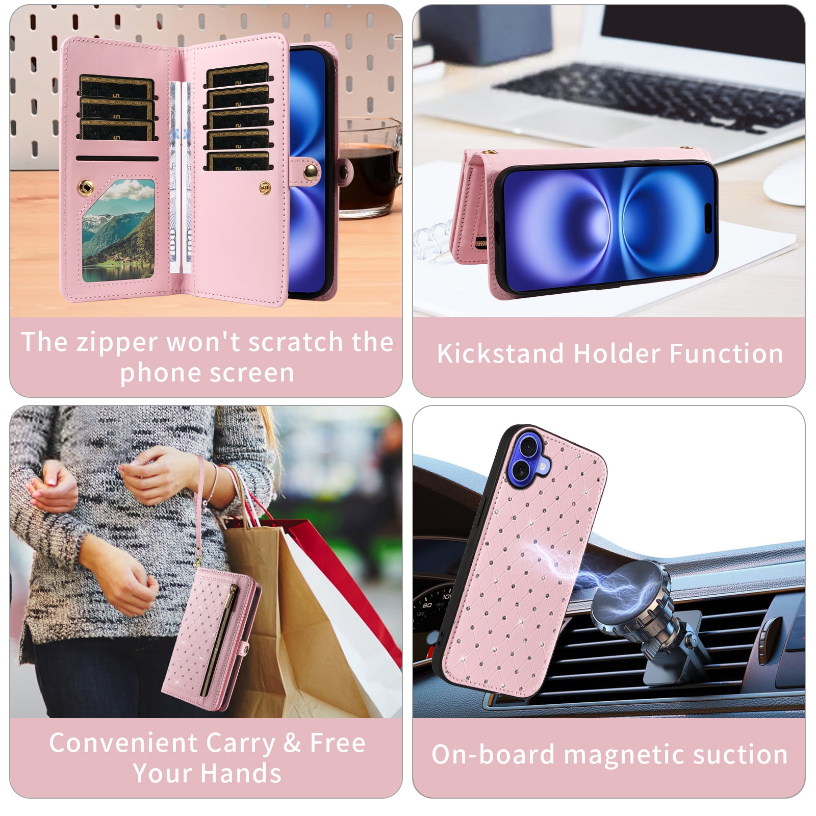 Asuwish Phone Case for iPhone 16 6.1 inch Zipper Wallet Detachable Cell Cover with Tempered Glass Screen Protector Crossbody Lanyard Strap Bling Glitter Flip Card Holder Slot i Phone16 i16Case Pink