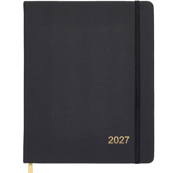 Excello 2027 14-Month Textured Weekly & Monthly Planner Calendar, 8" x 10", 21 Notes Pages, Water-Resistant Cover, Ribbon Bookmark, Elastic Closure, Black