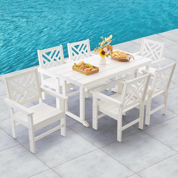 HDPE Dining Table Set for 6,7-Piece Outdoor Table and Chairs Include 6 Dining Chairs and 62.5" Patio Dining Table with Umbrella Hole (White)