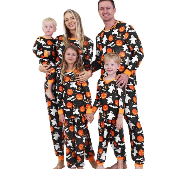 Onlypjs Matching Family Halloween Pajamas All Over Print Sleepwear Pjs Sets Ghost Pumpkin Neon Witch Hat Loungewear for Adults Women Men Couples 2 Piece