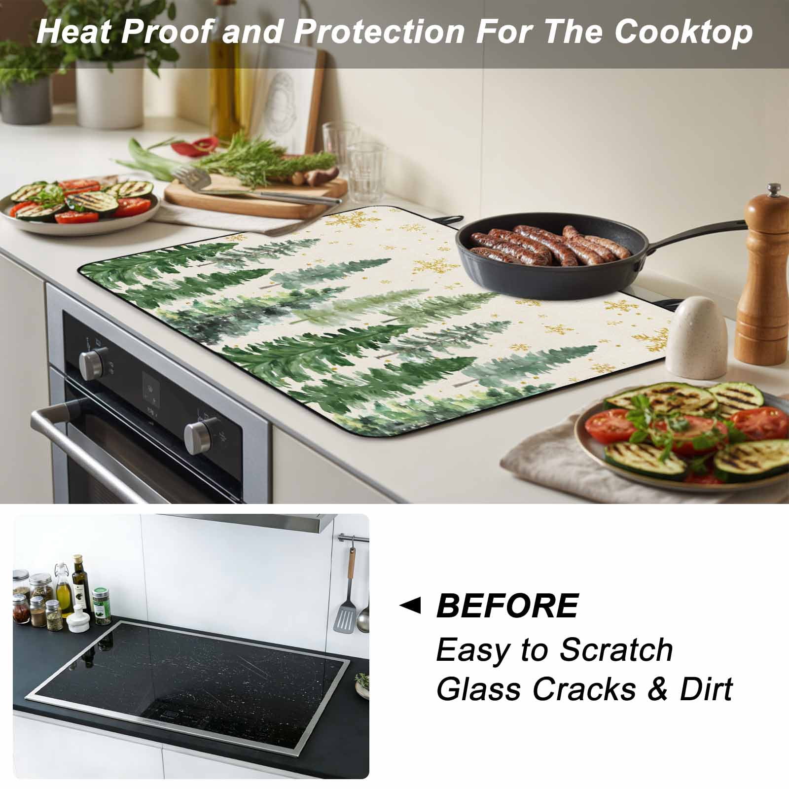 Rustic Christmas Tree Stove Top Cover for Electric Stove, Heat-proof & Non Slip Glass Top Stove Cover Protector, Winter Watercolor Gold Snowflakes Kitchen Flat Cooktop Rubber Mat 24x21 Inches