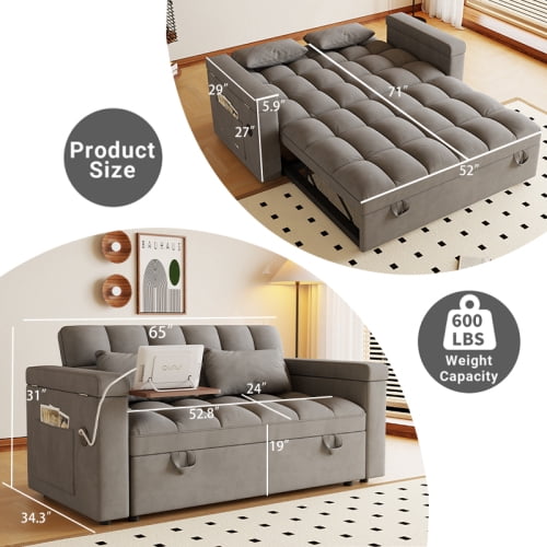 REHOUSING Velvet Multifunctional Pull-Out Sofa Bed with Hidden Side Table and Storage Armrests, Gray