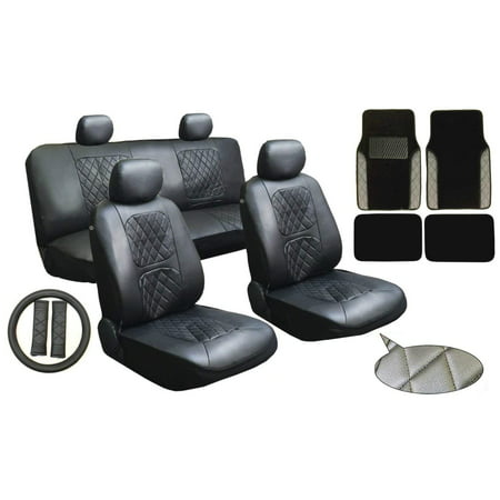 17pc Luxury Diamond Stitched Pattern Leatherette Car Truck SUV Seat Covers & Steering Wheel Set (Black with Floor