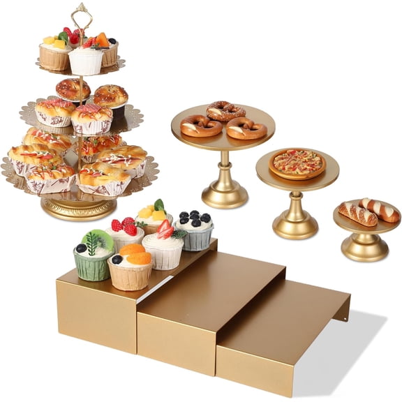 7 Pcs Gold Metal Cake Stand Set, Dessert Table Display Set with 3 Sizes Round Pedestal Stands Tiered Cupcake Holder Display Risers for Party, Wedding, Birthday, Baby Shower, Anniversary