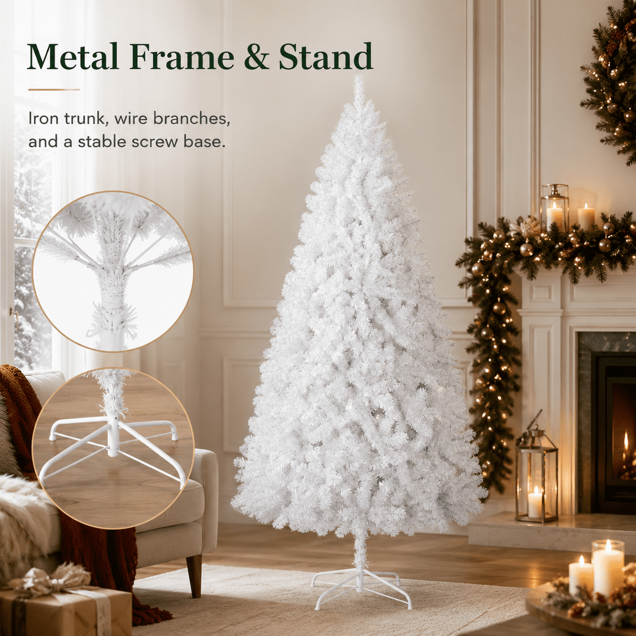 Alvantor 7.5 ft White Flocked Artificial Christmas Tree with 1349 PVC Branch Tips and Metal Stand
