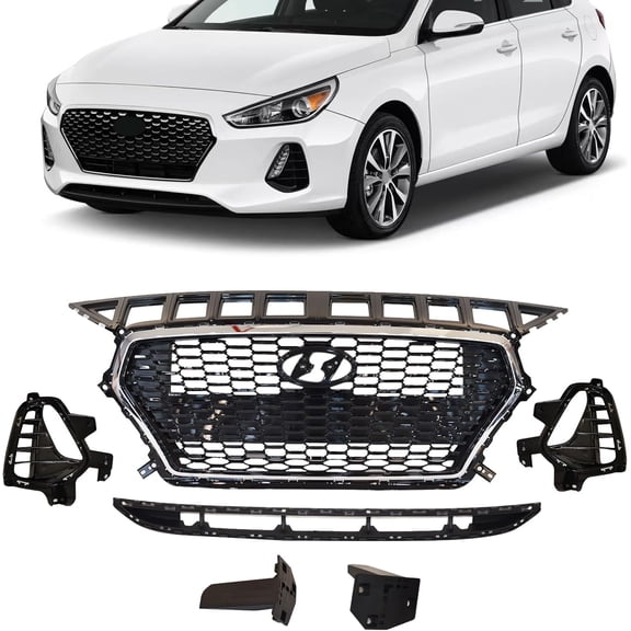 Front Bumper Upper Lower Grille Grill Compatible with Hyundai Elantra GT 2018 2019 2020 Grille Assembly with Fog Light Bezel Cover Driver and Passenger Side 86350-G3000 86563G3020