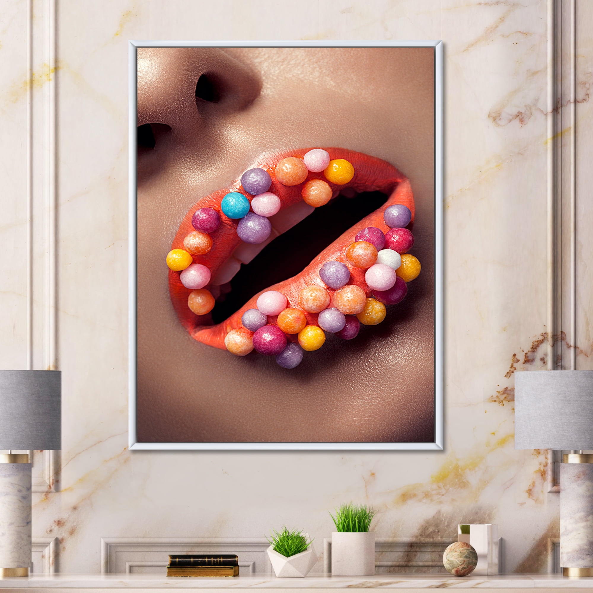 Close Up of Creative Make Up On Woman Lips With Lollipops 16 in x 32 in Framed Photography Canvas Art Print, by Designart