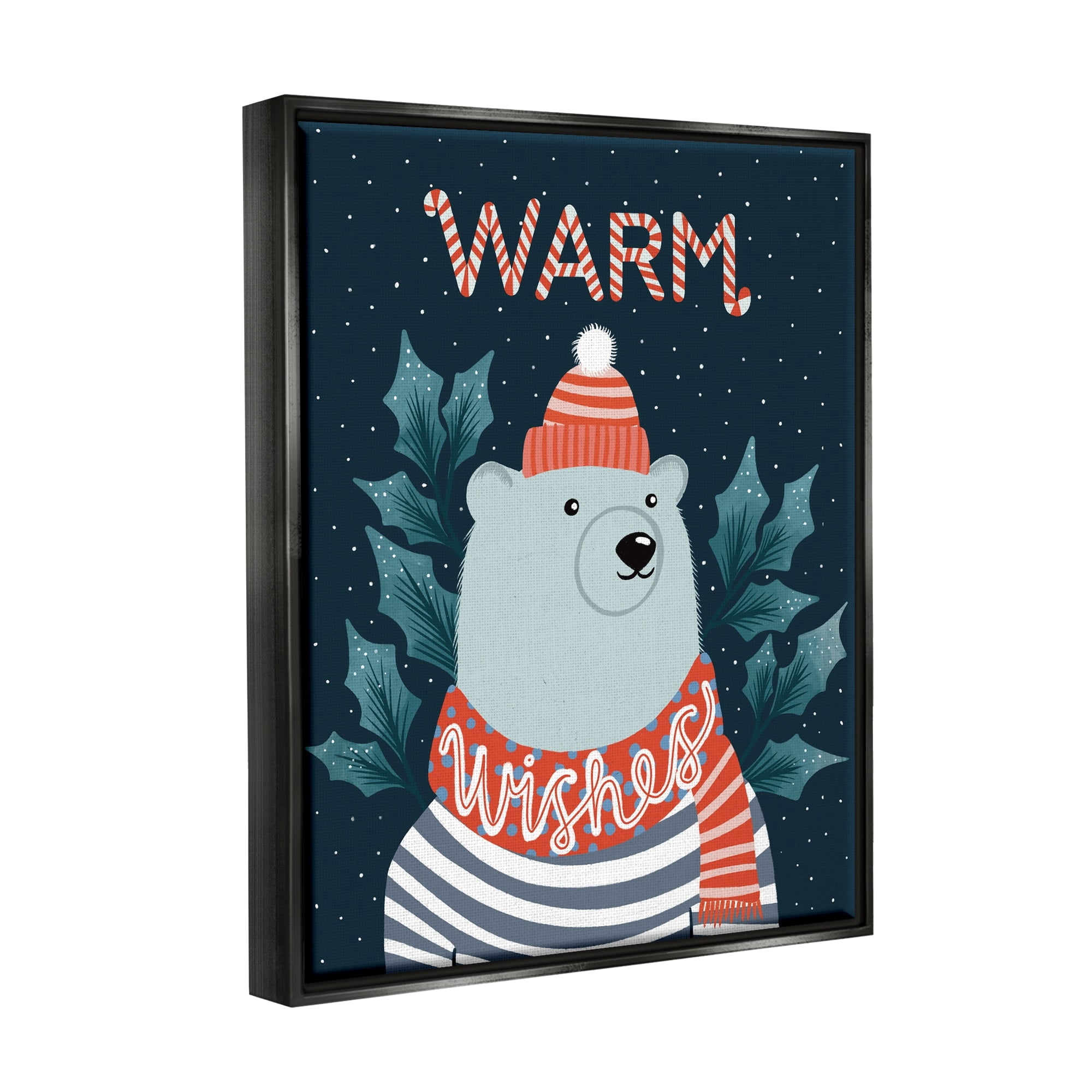 Stupell Industries Warm Wishes Cozy Polar Bear Seasonal Typography Graphic Art Jet Black Floating Framed Canvas Print Wall Art, Design by Dominika Godette