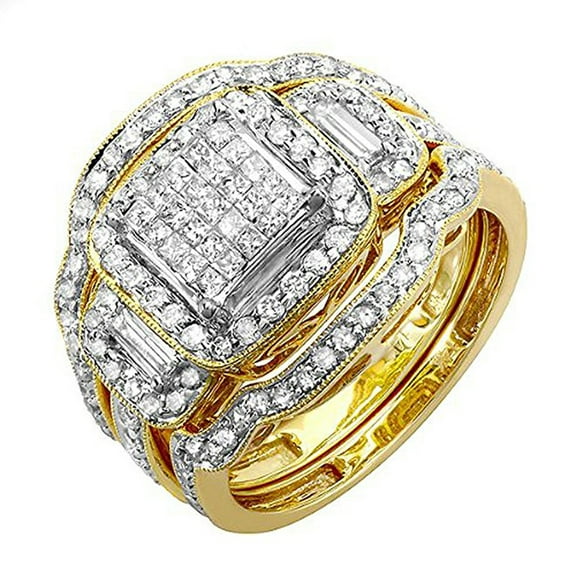 1.80 Carat (ctw) 14k Yellow Gold Princess, Round & Baguette Diamond Ladies Bridal Ring Three Piece Set