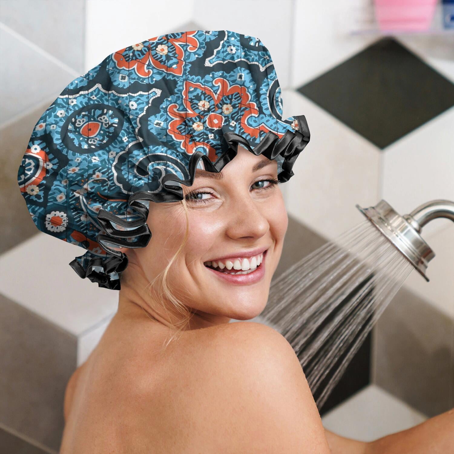 Shower Caps,Blue Ethnic Paisley Pattern Waterproof Shower Cap for Women 4 Pieces,Double Reusable Hair Cover for Shower PEVA Elastic Stretch Hem
