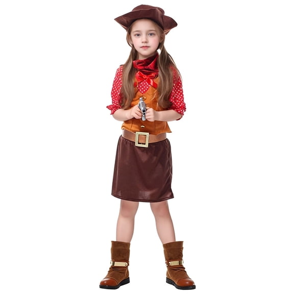Tiijoy Little Girls Cowgirl Outfits Long Sleeve Shirt Belt Skirt Hat 4Pcs Set, Sizes 5-6