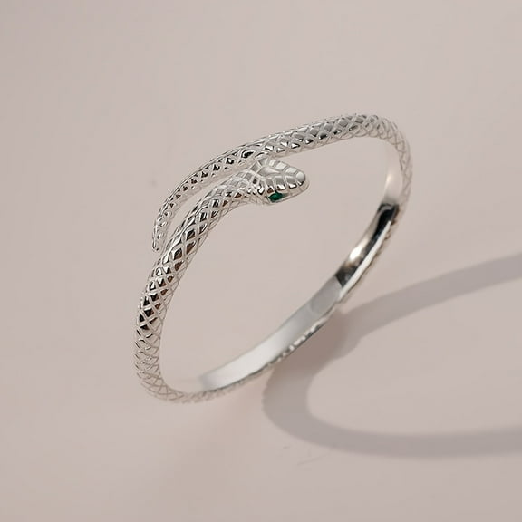 925 Sterling Silver Hypoallergenic Adjustable Snake Opening Zodiac Snake Design Cuff Bracelet with Green Zirconia Eyes and Floral Details,Silvery