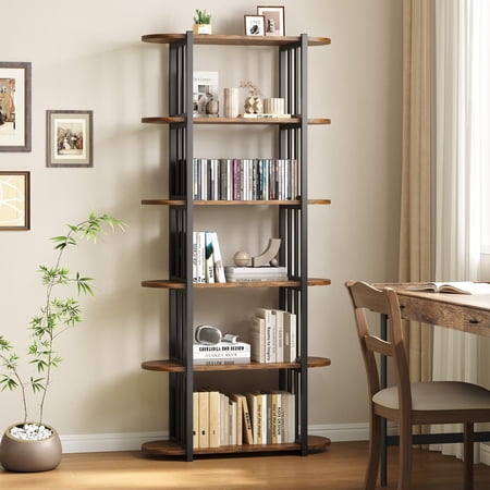 Litake 6 Tier Wooden Bookshelf, 71 Inches Industrial Tall Book Shelf, Metal Frame Large Open Bookcase, Freestanding Wooden Bookshelf Storage Rack for Bedroom, Living Room, Home Office