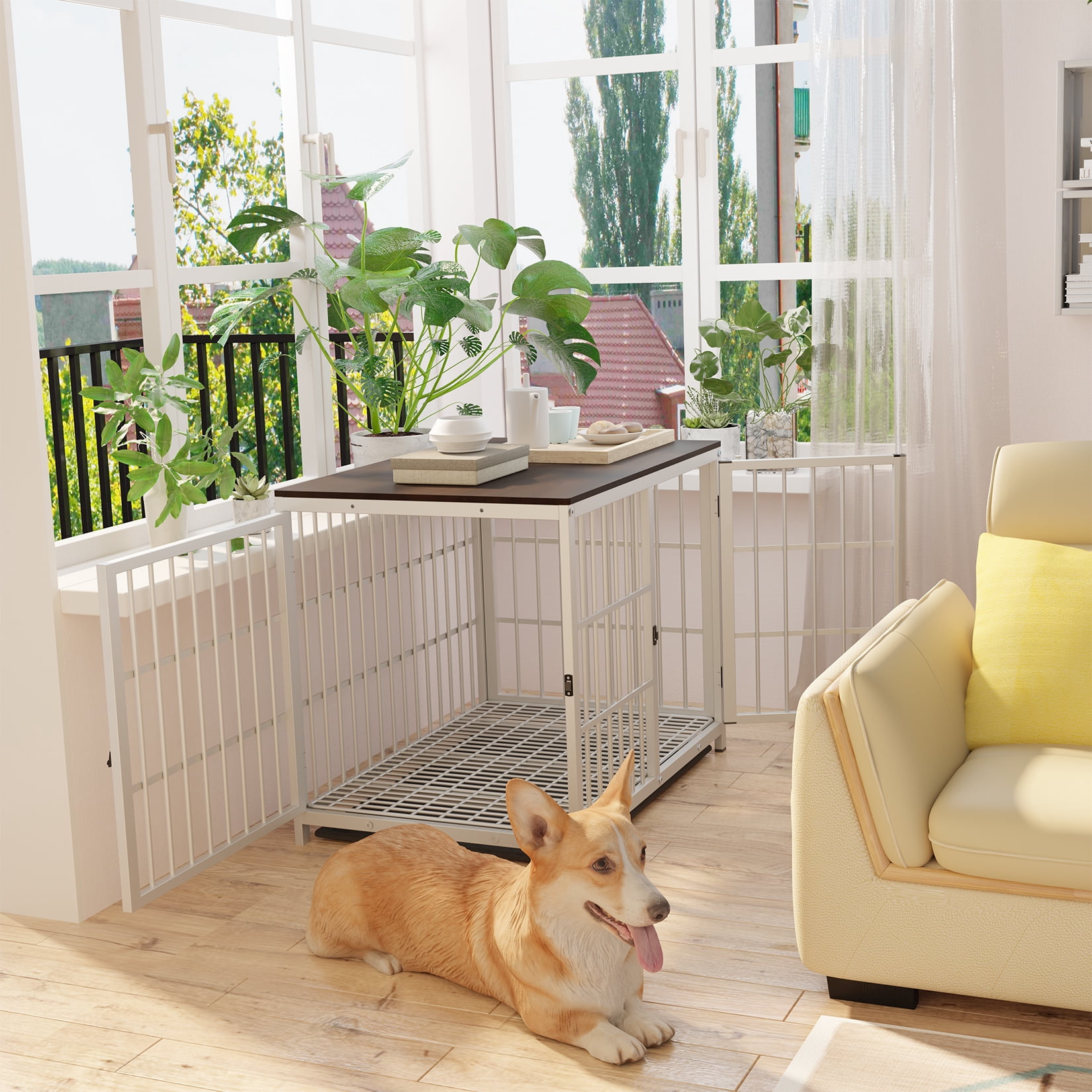 Bingopaw Triple Door Wooden Dog Crate Indoor, White, Large, Removable Tray, 36.02"L x 25"W x 29.33"H