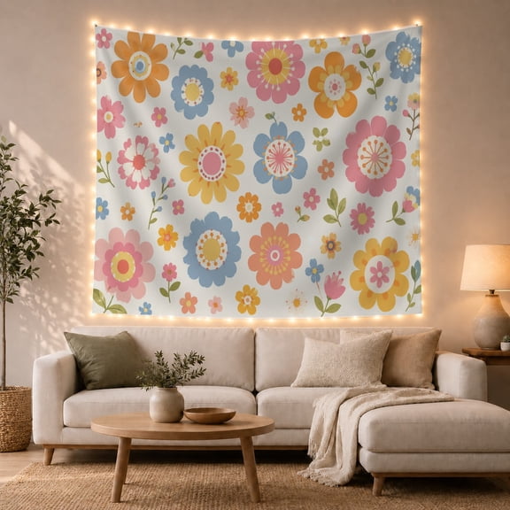 Retro Flowers on a White Background, Whimsical Vintage for Flower Lovers, Botanical Wall Art, Housewarming Gift, Tapestry Wall Hanging for Bedroom and Living Room