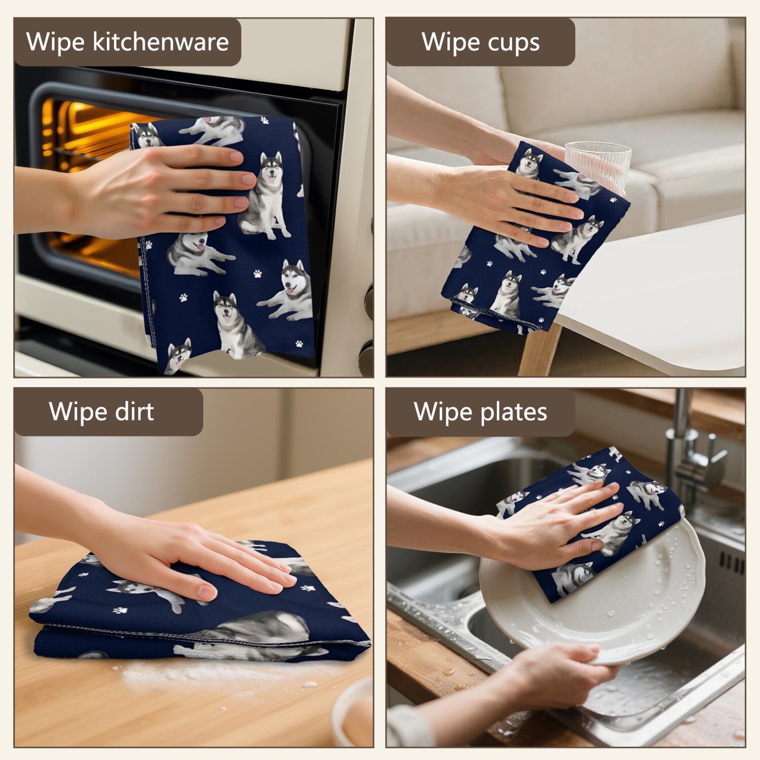 6 Pcs Funny Kitchen Towels,Siberian Husky Microfiber Dish Towels,Kitchen Tea Towels,Kitchen Towel Set (18" X 26")