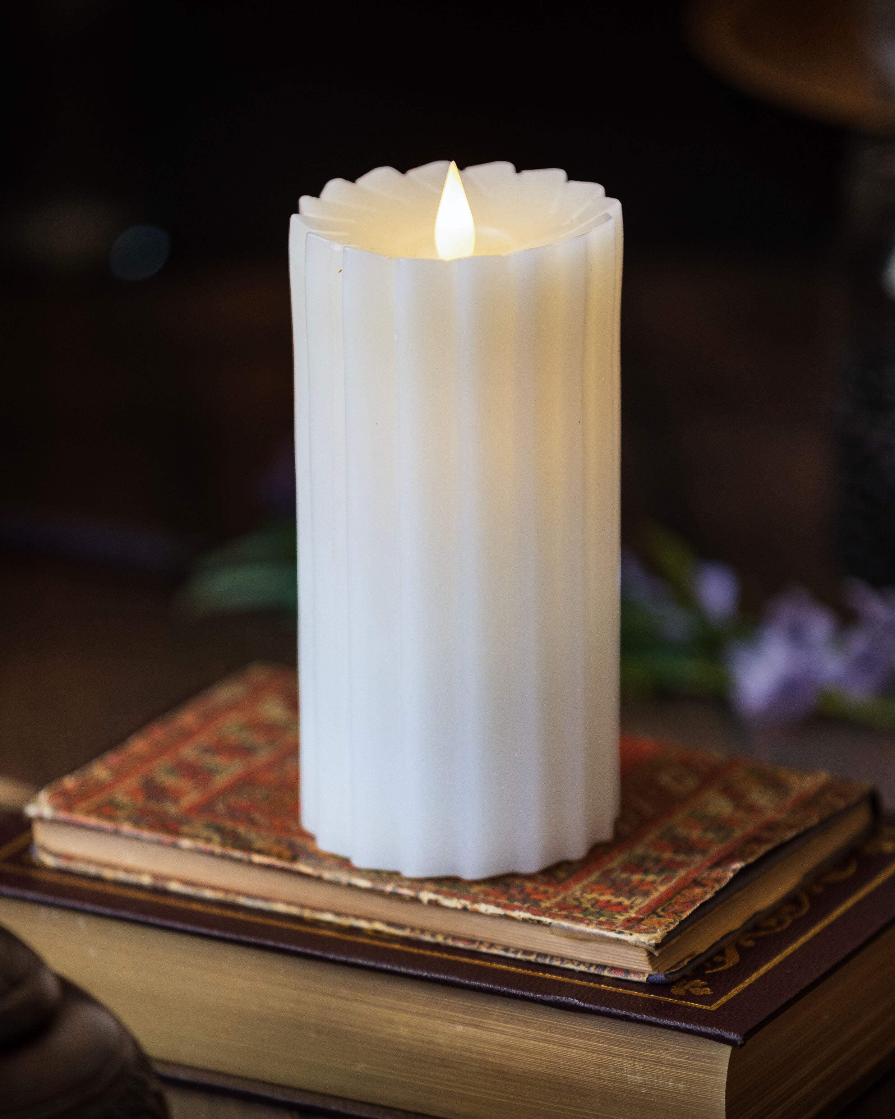 Seasonal LLC Sutton Fluted Flameless LED Pillar Candle 4 x 8 | 3D Moving Flame | Adjustable Brightness | Battery Operated | Flickering Flame | Real Wax Body, Gold