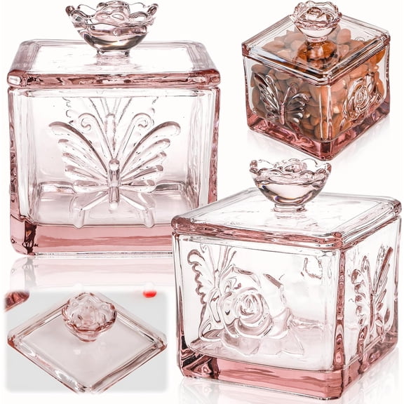 2 Pack Glass Candy Dish with Lid, 15 OZ Embossed Clear Candy Jar, Decorative Covered Sugar Bowl, Vintage Jewelry Storage Trinket Box for Candy Buffet, Wedding, Home Decoration (Pink)