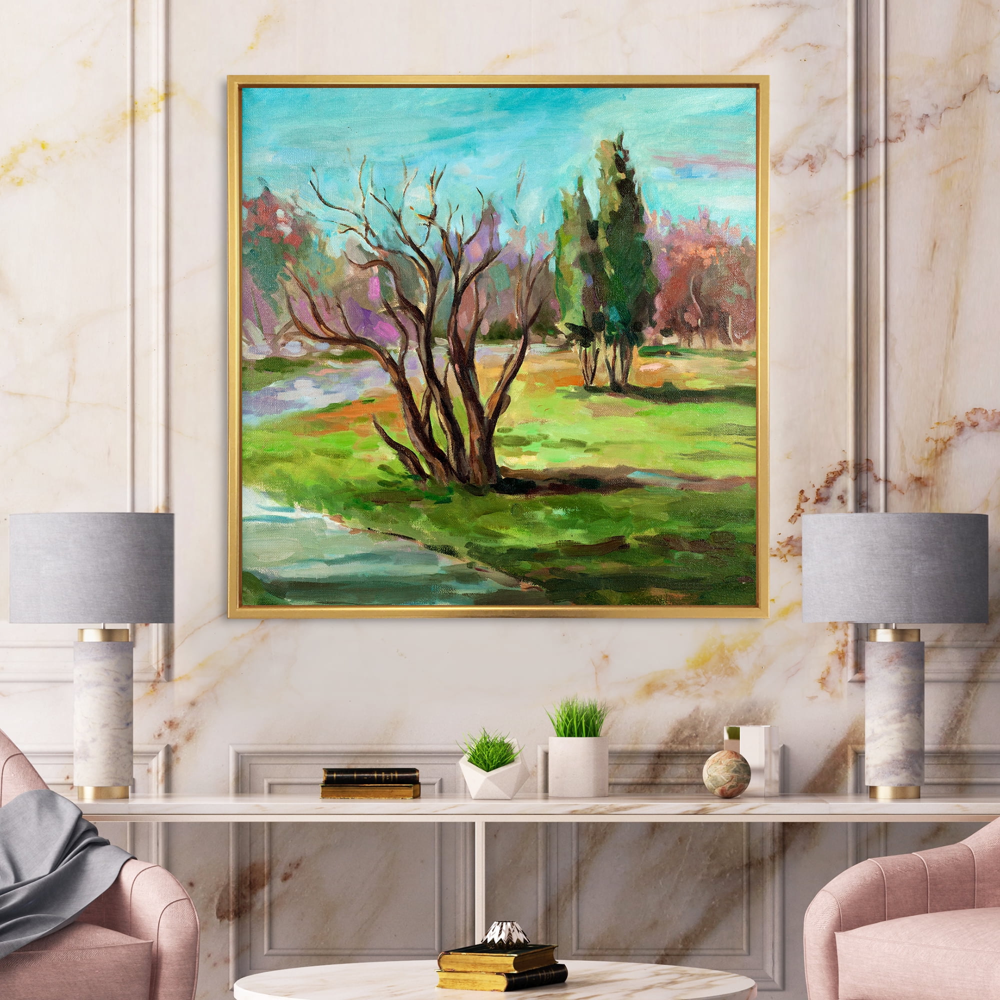 Designart 'Two Distant Trees In A Vibrant Green Landscape' Traditional Framed Canvas Wall Art Print