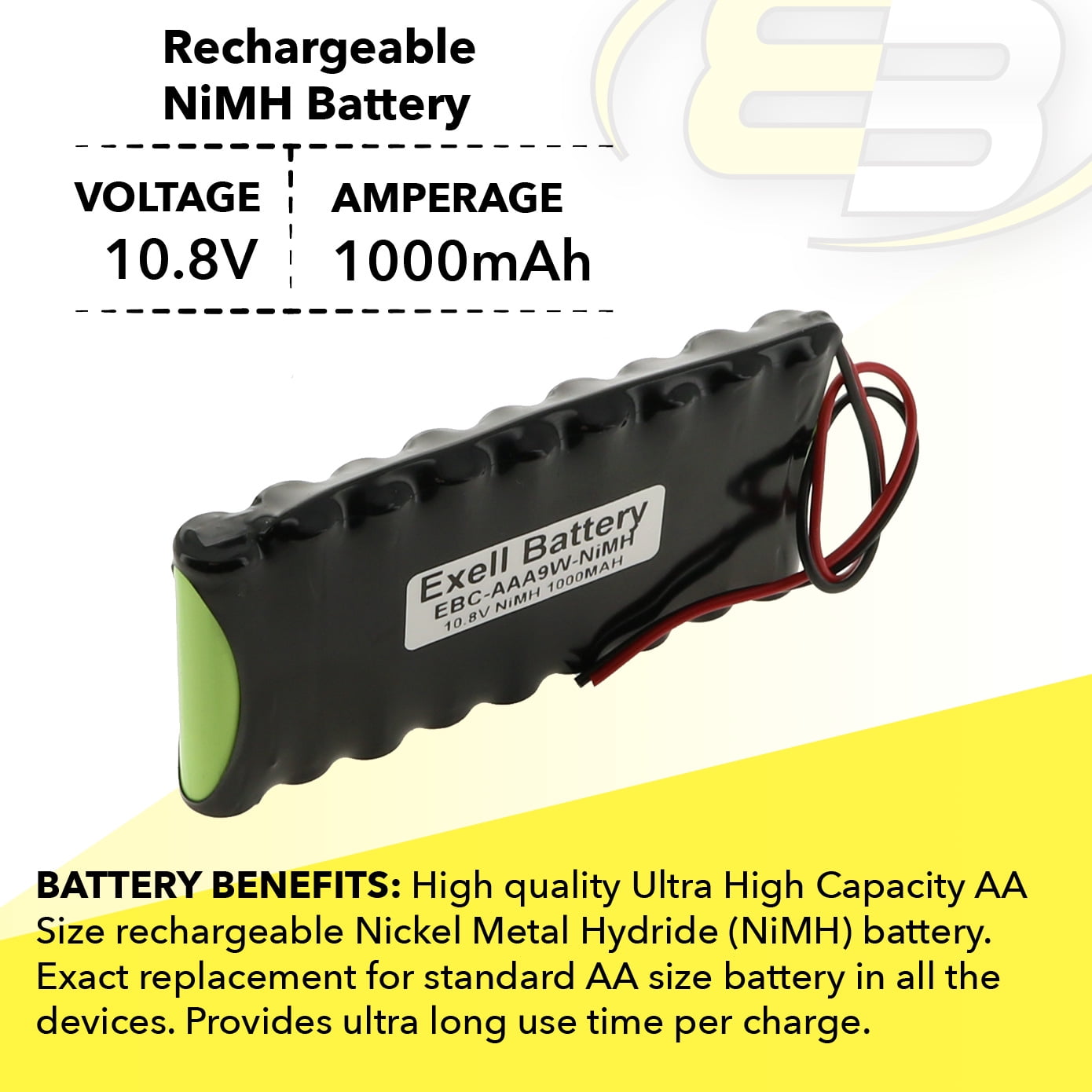 Exell 10.8V 1000mAh NiMH Battery Pack w/ 22AWG Open End Wire Leads