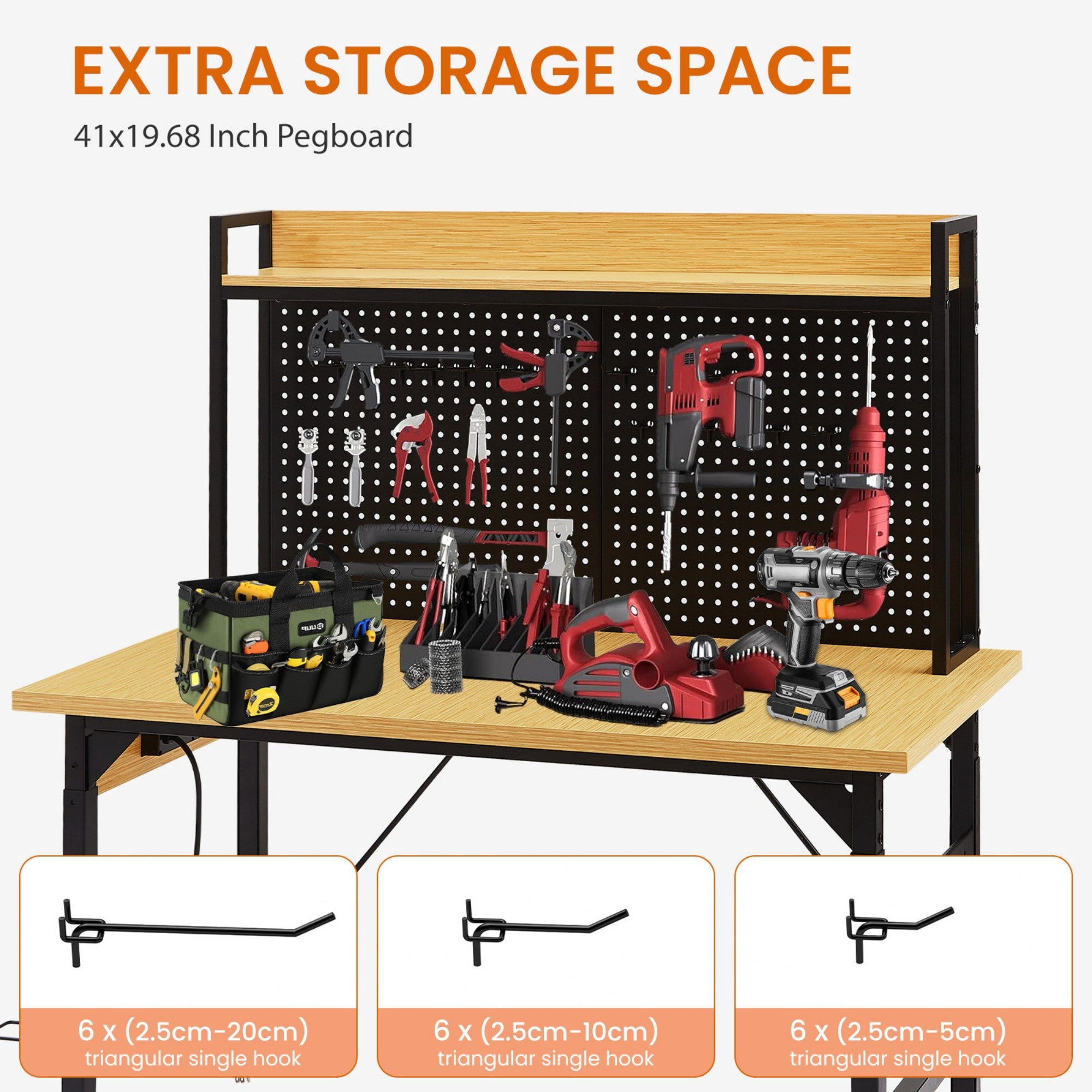 Sailvan 48" Adjustable Workbench with Pegboard, Heavy Duty Wooden Desktop, 1600LBS Load