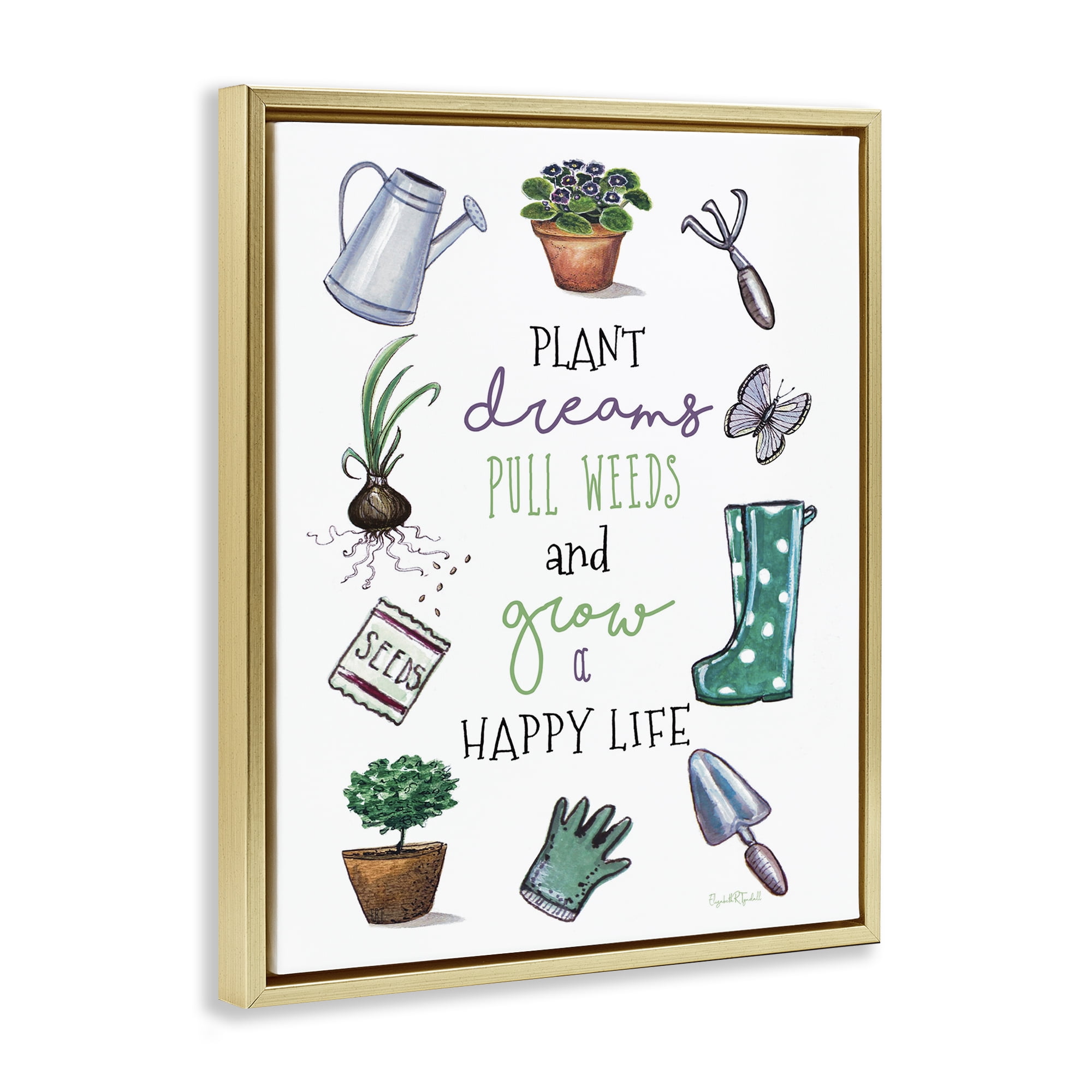 Stupell Industries Grow a Happy Life Botanical & Floral Painting Gold Floater Framed Art Print Wall Art, 25 x 31
