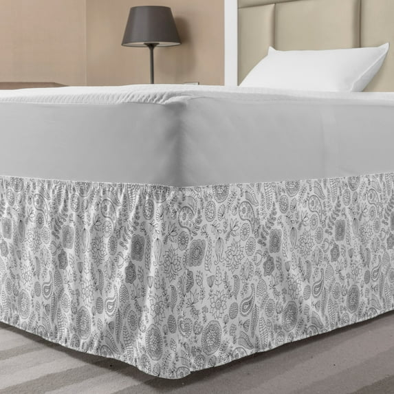 Black and White Bed Skirt, Doodle Flowers and Paisleys Inspirations Coloring Book Outlines, Elastic Bedskirt Dust Ruffle Wrap Around for Bedding Decor, 4 Sizes, Black White, by Ambesonne