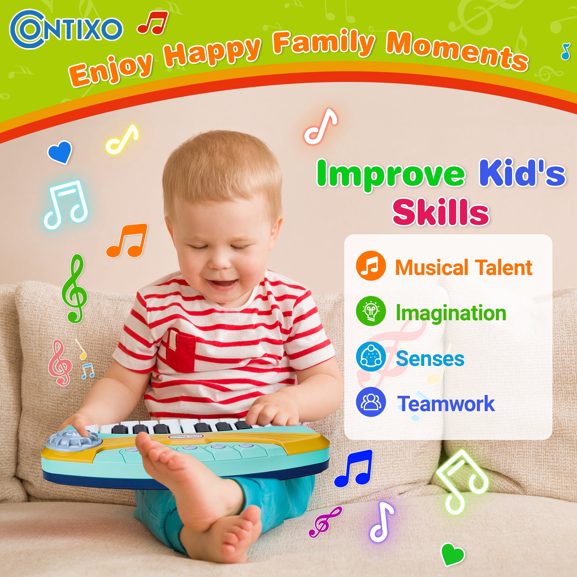 Contixo Keyboard Piano for Kids, Interactive Piano Toy with Light-Up Keys and 5 Built-In Melodies, Blue