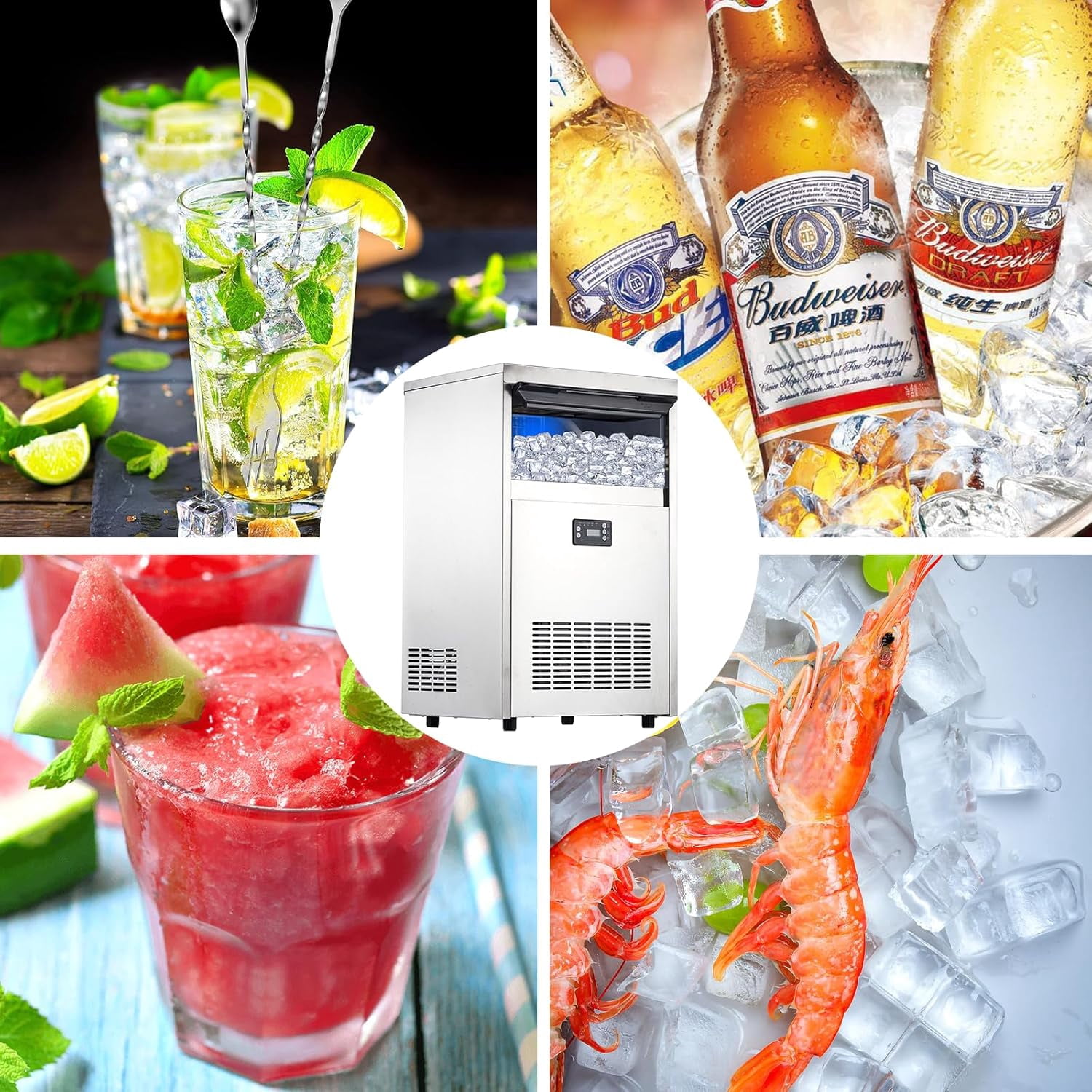 Commercial Ice Maker Machine 100lbs/24H,2 Water Inlet Modes,Stainless Steel Under Counter Ice Machine With 33lbs Storage Bin,Freestanding Ice Maker 50Pcs/Cycle for Bar Home Office Restaurant