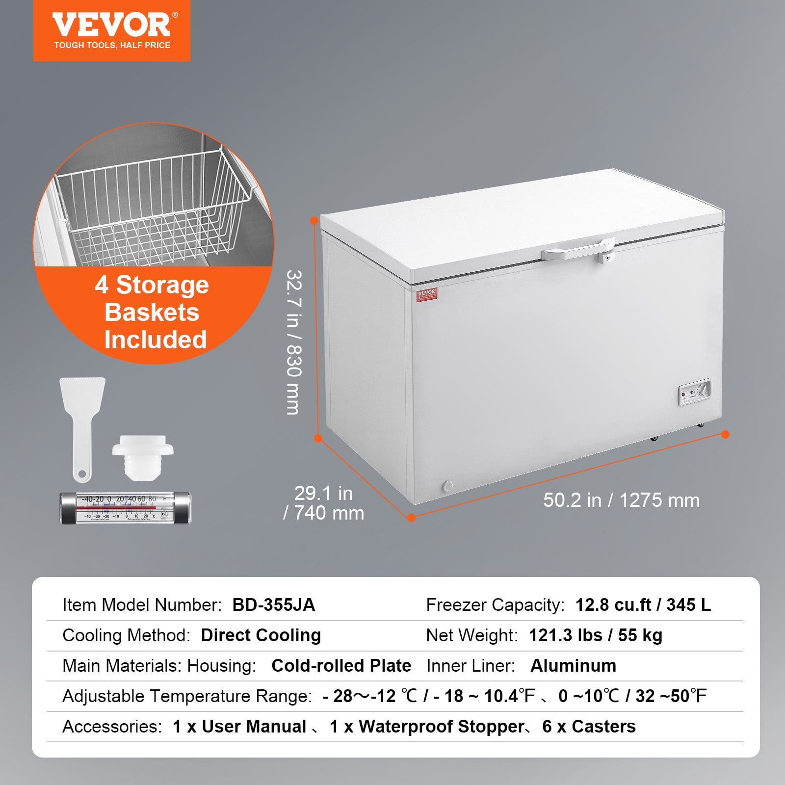 VEVOR Chest Freezer, 12.8 Cu.ft / 345 L Large Deep Freezer & 4 Removable Baskets,Freestanding Top Open Door Commercial Chest Freezers with Locking Lid, 7-Level Adjustable Temp,LED Lighting,6 Wheels