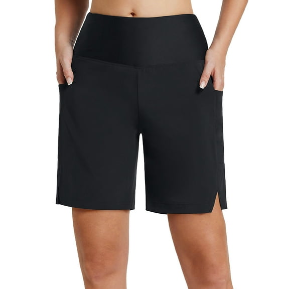 BALEAF Womens Swim Shorts Long 7" High Waisted Quick Dry Board Shorts Beach Shorts for Women with Linner Pockets Black L