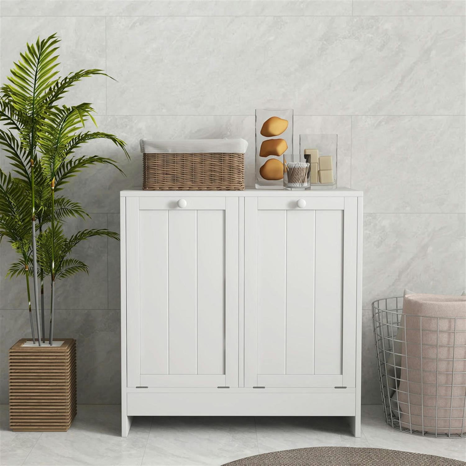 Demi Bonn 26" Bathroom Storage Cabinet with Tilt-Out Trash, Laundry Cabinet with 2 Laundry Basket for Kitchen, Living Room, White