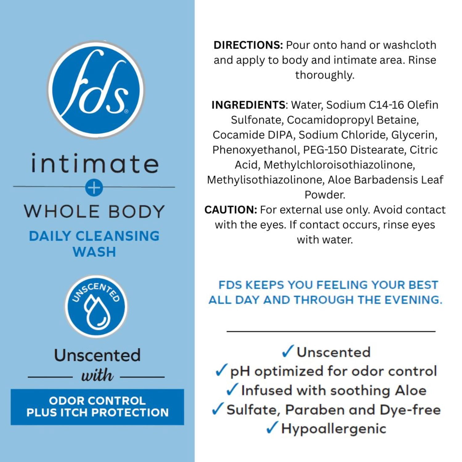 FDS Intimate + Whole Body Daily Cleansing Wash Unscented 10 oz. – Odor control + pH Balancing