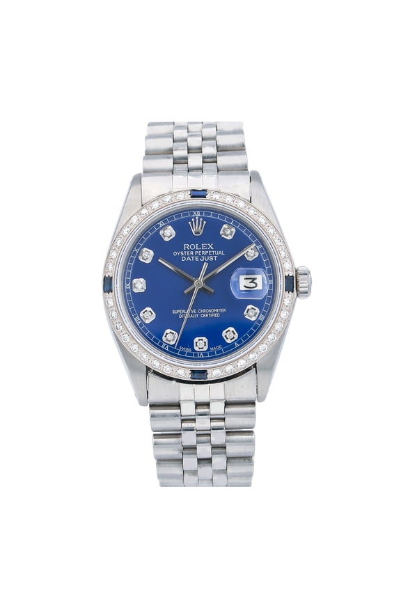 Pre-Owned Rolex Datejust 1603 36mm Blue Diamond Dial Stainless Steel Bracelet Watch (1.25 CT Aftermarket Diamonds)
