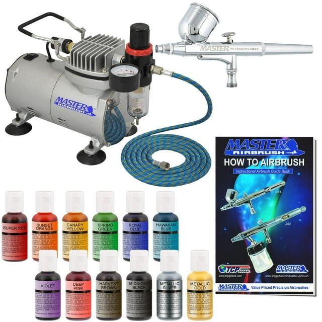 Master Airbrush Cake Decorating Airbrushing System Kit with a Gravity Feed Airbrush, Set of 12 Chefmaster Food Colors, Pro Cool Runner II Dual Fan Air Compressor - Hose, Holder, How To Guide, Cupcakes