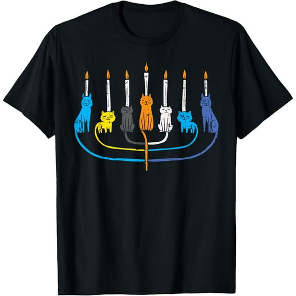 Cat Menorah Cute Jewish Kitten Hanukkah Chanukah PJs Women T-ShirtMen and women, White Black T-shirt, size: Extra large S-4XL