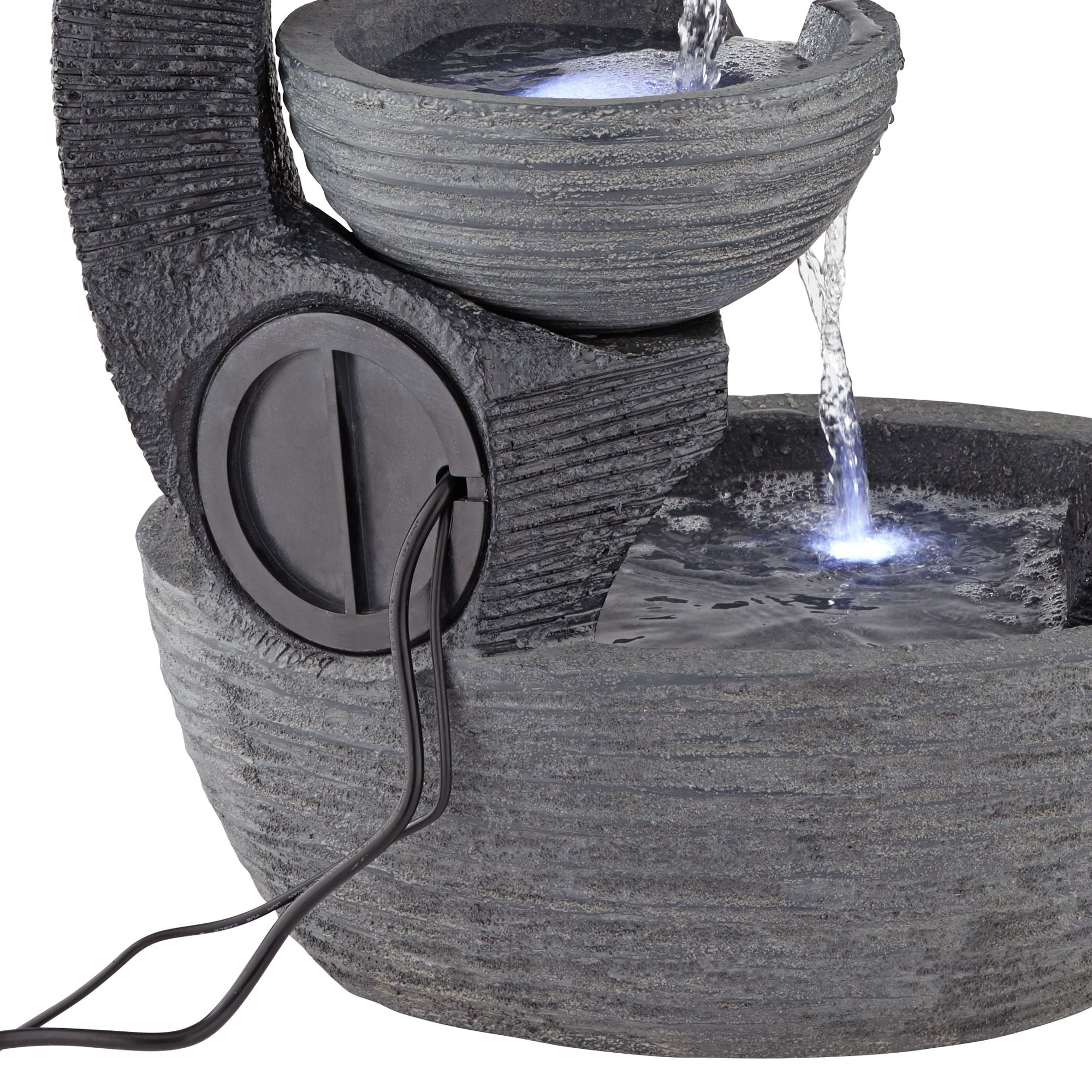 Three Cup 31 1/2" High Large Modern Indoor Outdoor Decor Gray Faux Stone Floor Fountain w/ Light LED Cascading