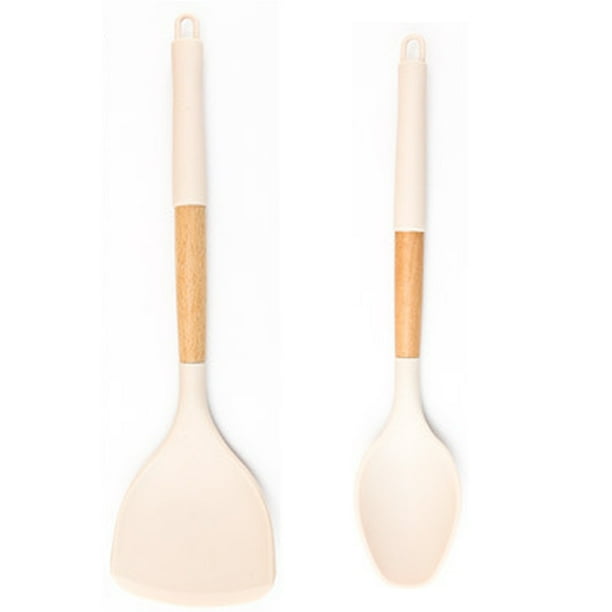 Juego de Herramientas de Cocina Ergonómicas Antiarañazos con Mango de Madera Natural de 2 Piezas para Utensilios de Cocina Antiadherentes Crema