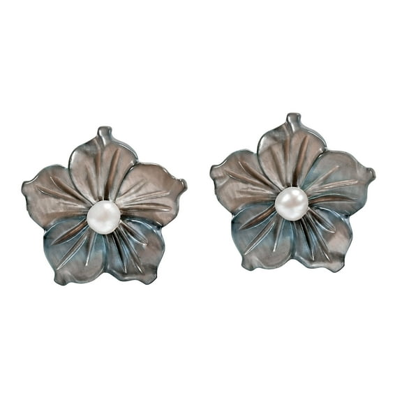 Delicate Grey Mother of Pearl Shell Flower with Pearl Accent Post Earrings