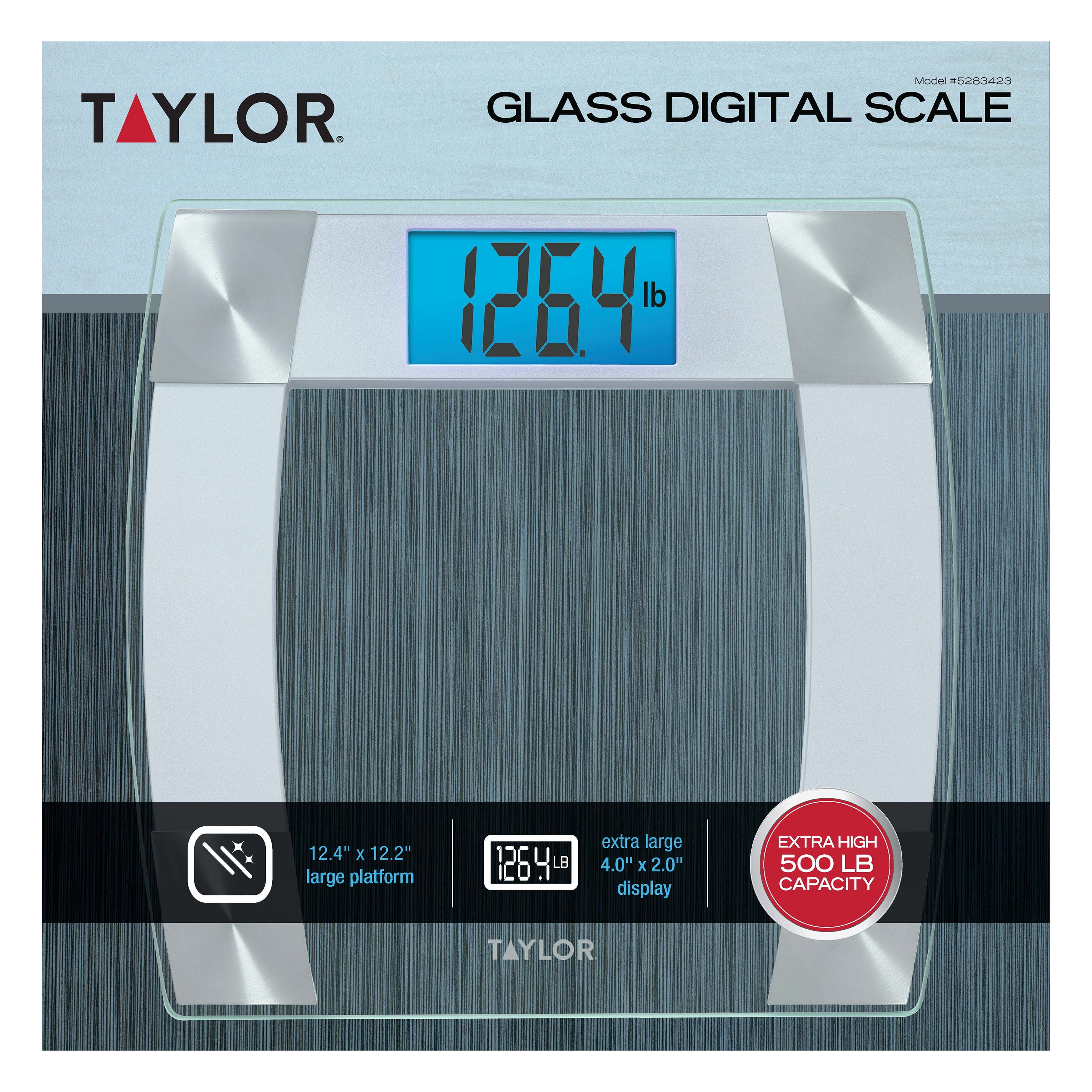 Taylor Clear Glass Bathroom Scale with Curved Stainless Steel Accents