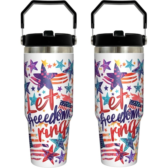 US Flag Freedom Ring 30 OZ (887 ML) Double Wall Vacuum Insulated Tumbler with Top Handle, Stainless Steel Travel Coffee Mug with Flip Straw for Women Men Party Birthday Gifts