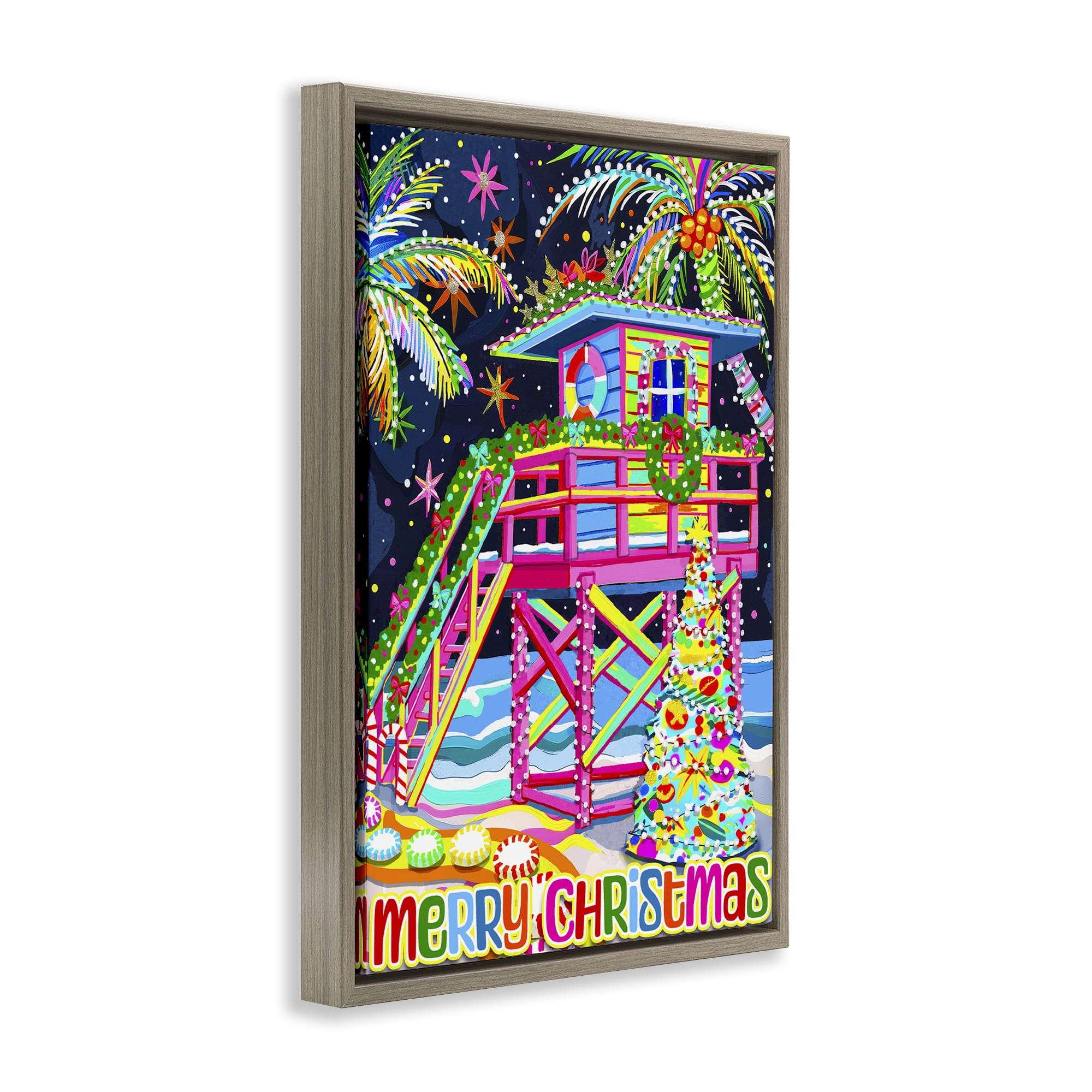 Stupell Industries Whimsical Seaside Christmas Holiday Painting Brown Floater Framed Canvas Art Prints Wall Art, 21 x 31