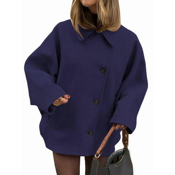 Female Trench Coat Long Sleeve Lapel Casual Jackets Winter Outerwear Navy Blue M