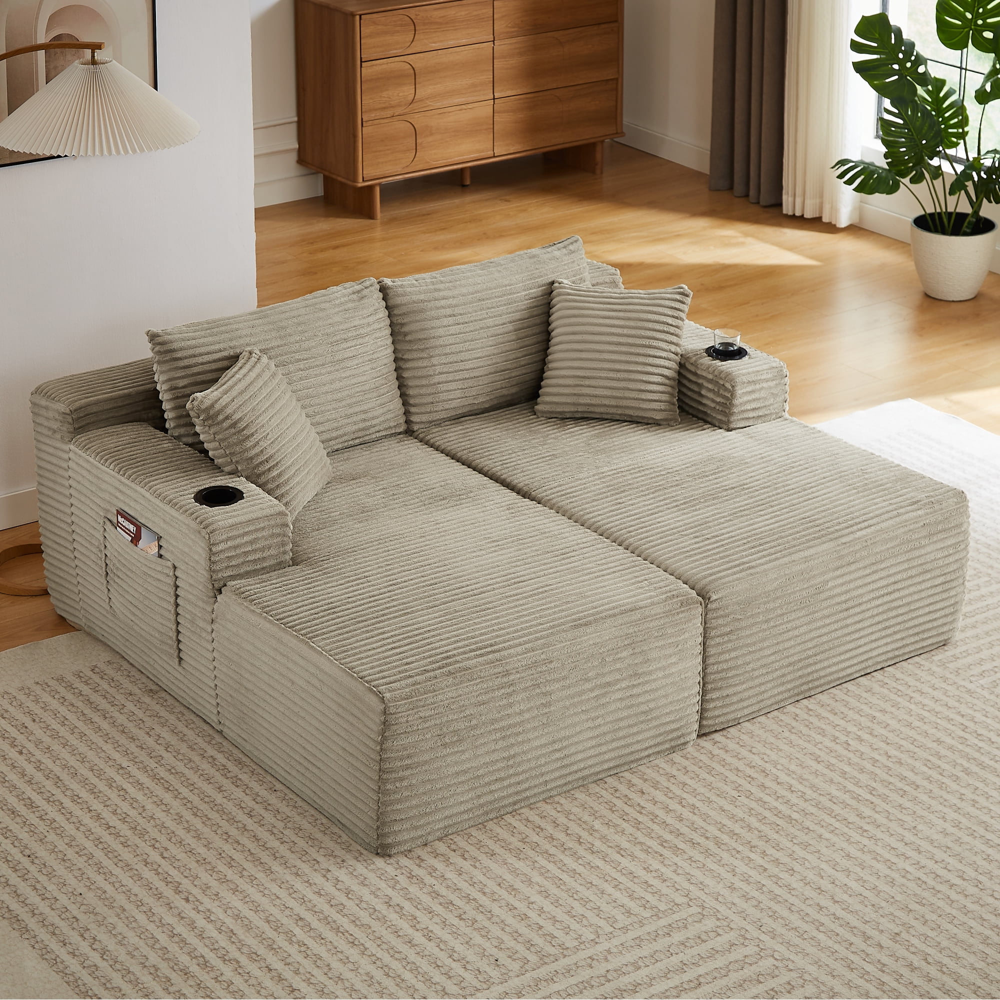 Leumius 133" Oversized Boneless Sectional Couches for Living Room,Modern Corduroy U Shaped Modular Sectional Sofa with Deep Seat,6-Seat Cloud Couch with Cupholders and Side Pockets,No Assembly,Camel